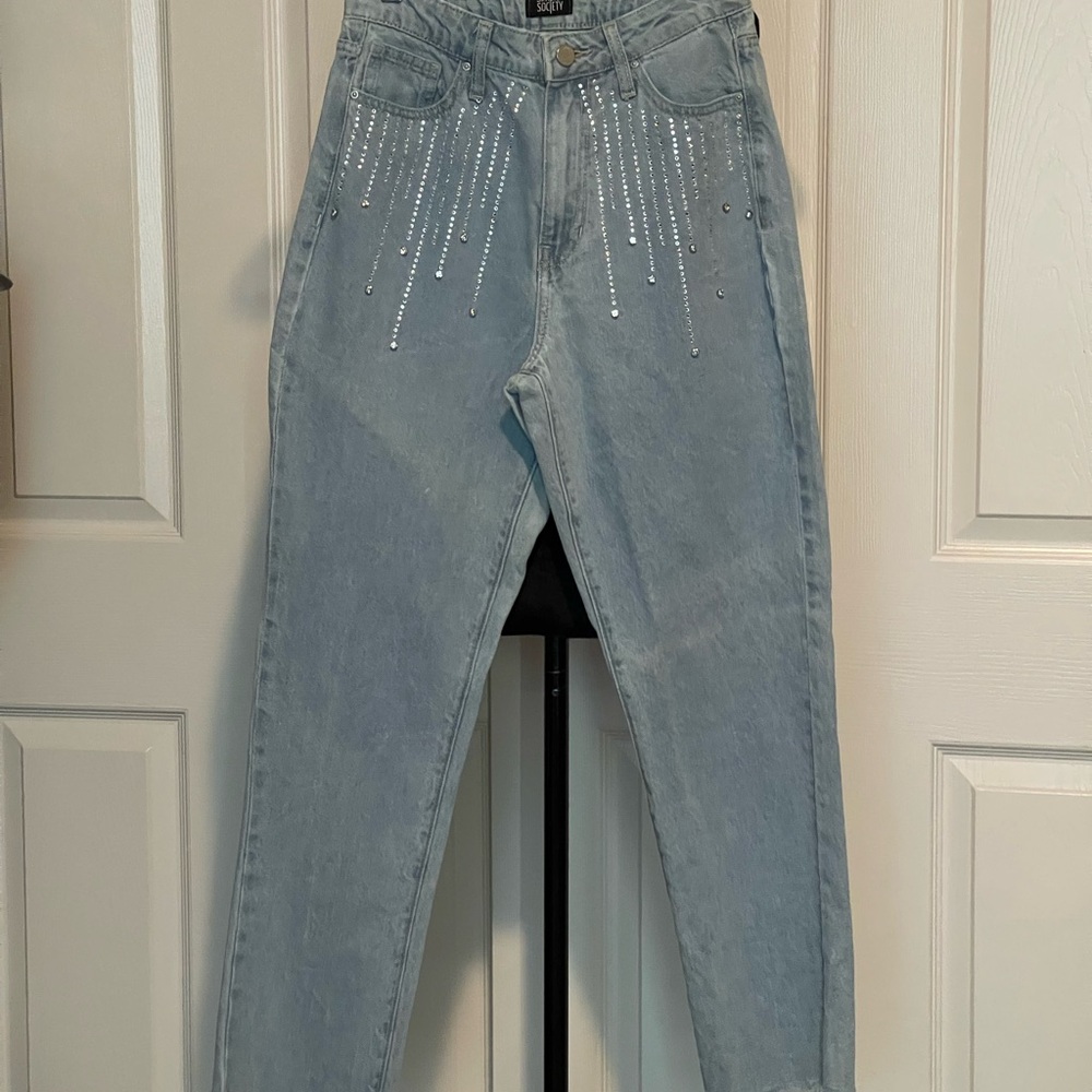 Blue Straight Leg Rhinestoned Embellished Jeans